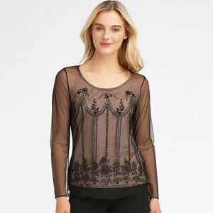 Metaphor Black Sheer Mesh Top Size L – Embroidered Beaded Long Sleeve Boho